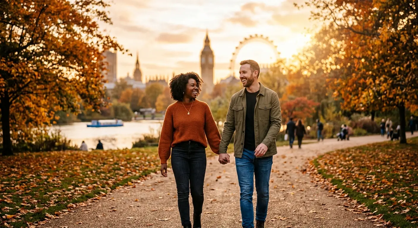 Happy couple enjoying a walk in a London park